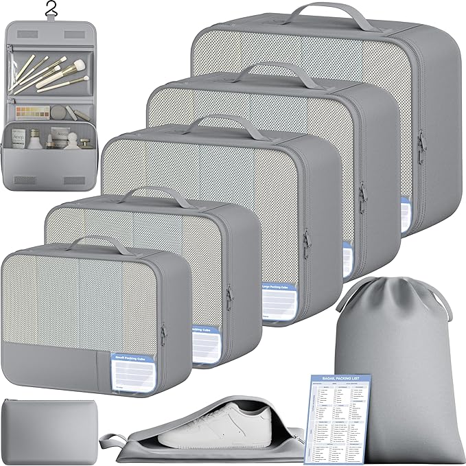 BAGAIL 9 Set Packing Cubes with Packing List Luggage Packing Organizers for Travel Accessories (Pewter Color)