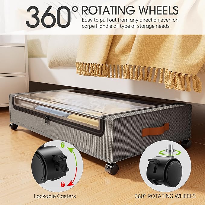 Yecaye 4 Pack Under Bed Storage with Wheels, Under Bed Storage Containers with Lids, Large Under Bed Rolling Storage with Cle