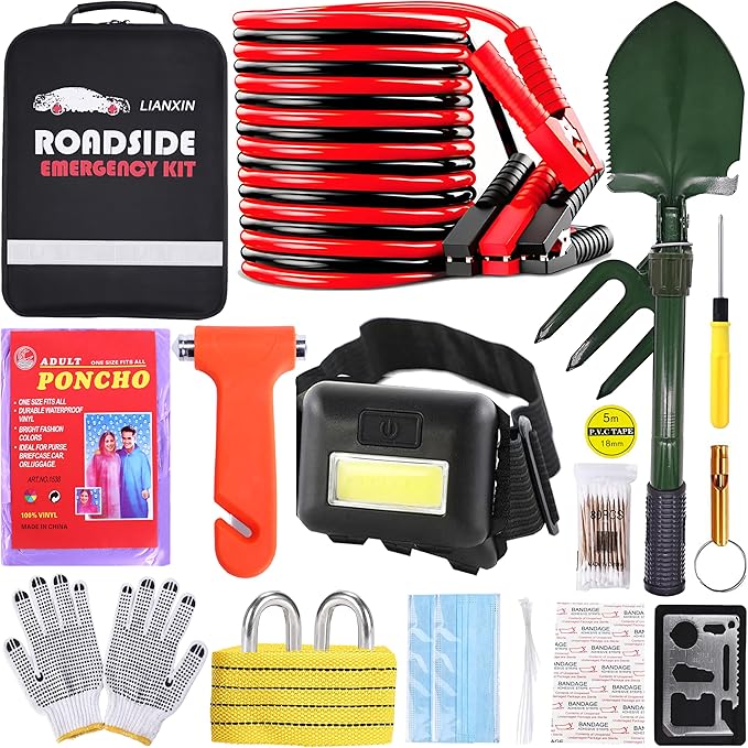Emergency Car Kit - Premium Roadside Assistance Kit for Cars with Jumper Cables, Headlamp, Folding Shovel & Tow Strap All-in-