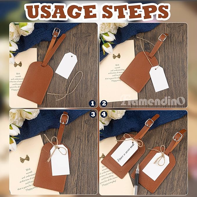 Framendino, 48 Sets Wedding Favors Luggage Tag PU Leather Travel Tags with Name ID Card for Bridal Shower Brown