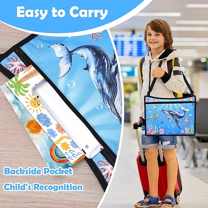 Kids Travel Tray for Toddler Carseat, Road Trip Activities Essentials for Toddler, Kids Lap Desk Tray with Tablet Holder Stand ＆ Dry Erase Board (Whale)