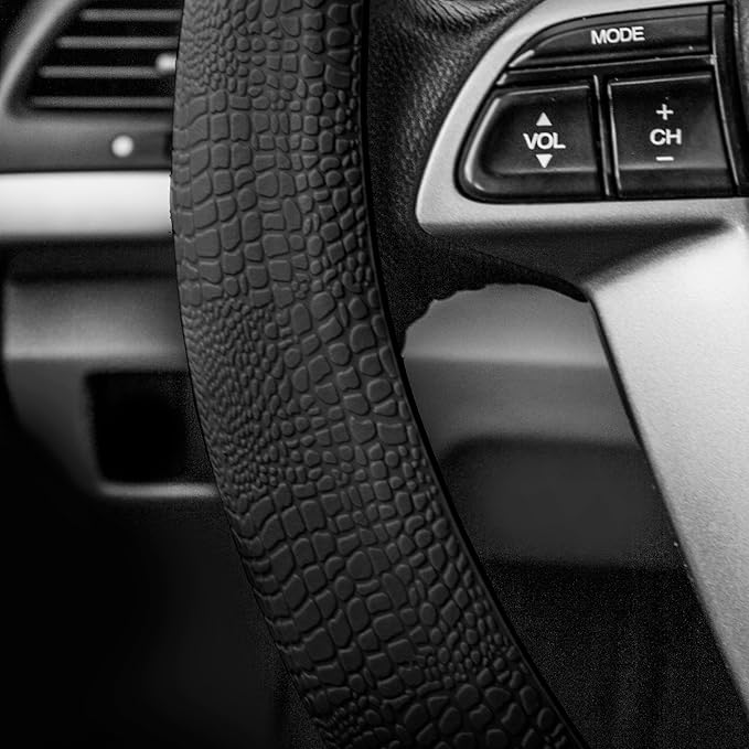 FH GROUP Car Seat Covers Premium Tall Channel Rubber Trimmable Floor Mats w. FH3001 Snake Pattern Silicone Steering Wheel Cover- Universal Fit for Trucks, SUVs, and Vans (Solid Black) F11311