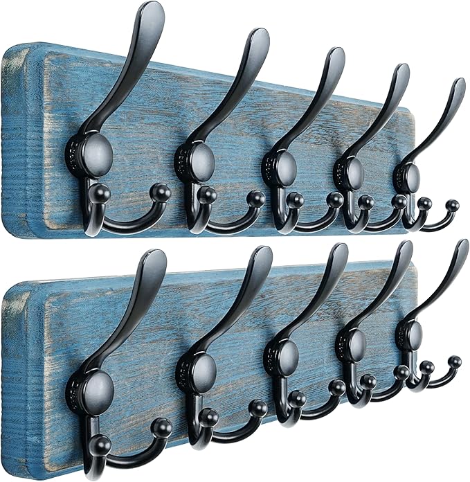Dseap Coat Rack Wall Mount - Heavy-Duty Robust Barnwood-Style Wooden Wall Coat Hanger Hook Rail with 5 Triple Hooks for Winte