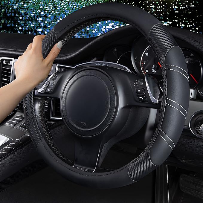 CAR PASS Line Rider Microfiber Leather Sporty 14.5-15 inch Steering Wheel Cover Universal Fits for 95% Truck,SUV,Cars, Anti-S