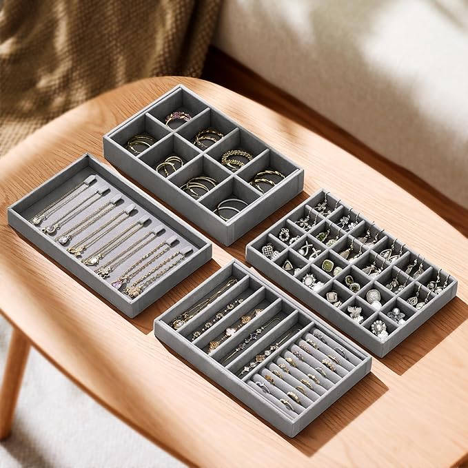Velvet Jewelry Drawer Organizer Trays – Grey Stackable Jewelry Storage Inserts Set, 4-Layer Jewelry Tray Set for Earrings, Ri