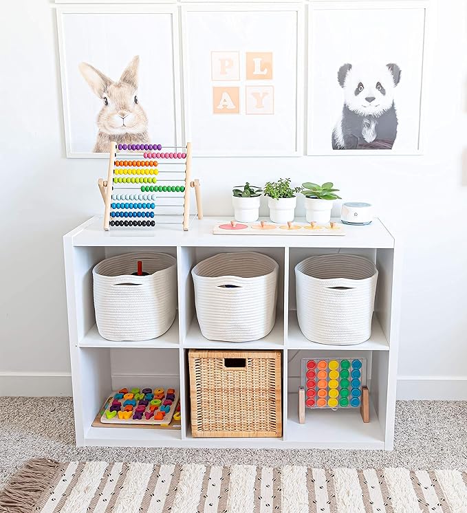 OrganiHaus Rope Baskets for Shelves - Set of 3 Woven Storage Baskets for Organizing, Closet & Toy Storage - Off-White - 15x9x
