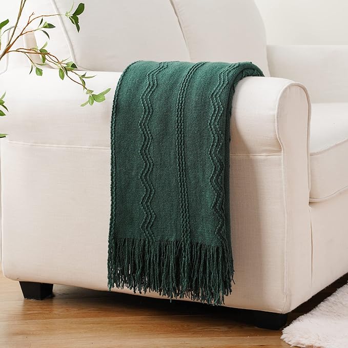 BATTILO HOME Christmas Décor Green Throw Blanket with Fringe, Geometric Bed Throws Dark Green Throws Decorative Throw Blanket