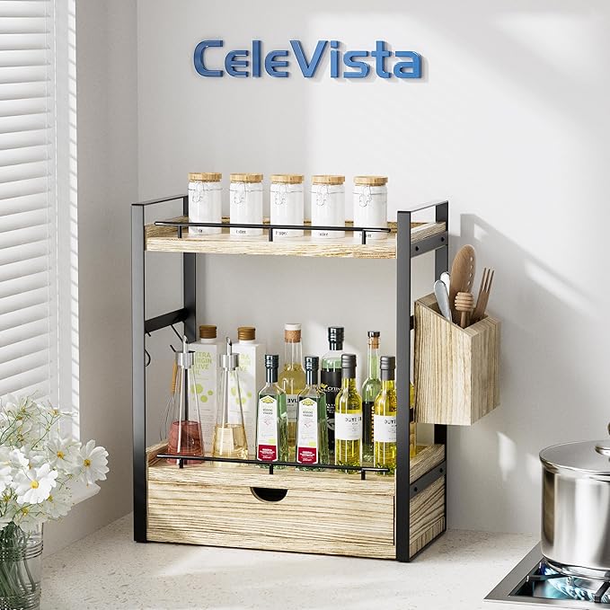 2-Tier Wood Bathroom Counter Organizer, Countertop Organizer with Drawer and Storage Basket, Bathroom Sink Organizer for Vani