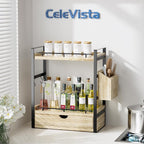 2-Tier Wood Bathroom Counter Organizer, Countertop Organizer with Drawer and Storage Basket, Bathroom Sink Organizer for Vani