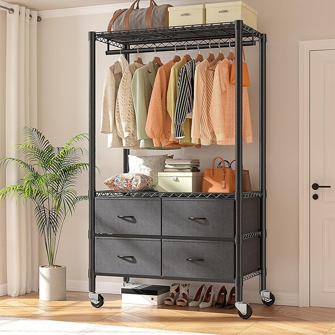 Raybee Clothes Rack Heavy Duty Clothing Rack with Rolling Wheels & 4 Drawers, Clothing Racks for Hanging Clothes with Drawers