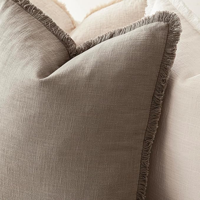 Foindtower Set of 2 Decorative Linen Fringe Throw Pillow Covers Boho Farmhouse Cushion Cover with Tassels Soft Accent Pillowc