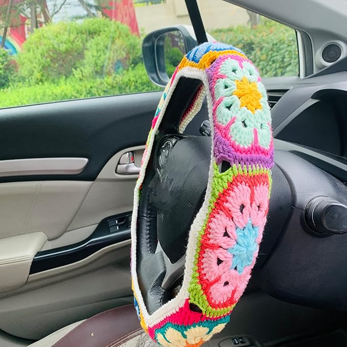 Handmade Crochet Steering Wheel Cover for Women Girl, Galsang Flower Seat Belt Cover. (Steering Wheel Cover)