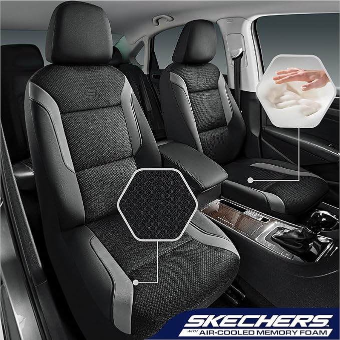 Skechers Memory Foam Car Seat Covers, Air Cool Mesh Thick Seat Covers, Gray Two Front Car Seat Protector, Airbag Compatible, 