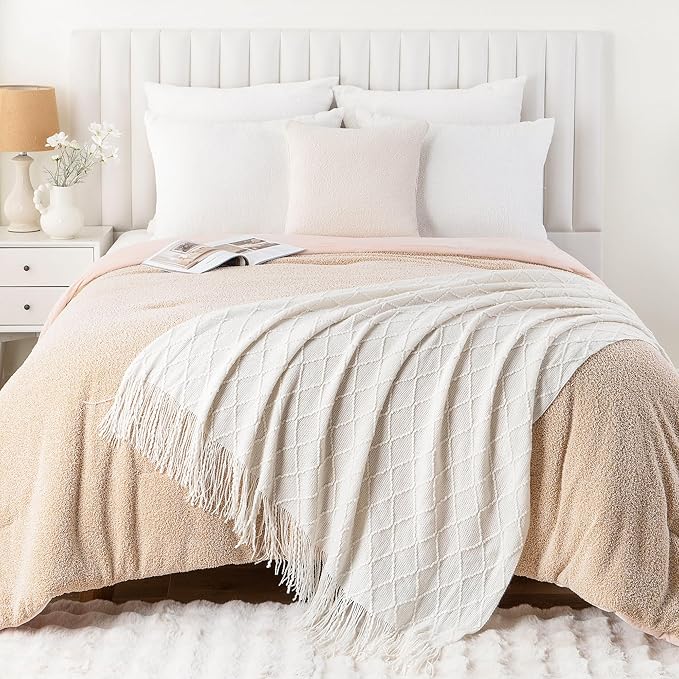BATTILO HOME Cream Throw Blanket for Couch, Boho Bedroom Decor Throws, Decorative White Throw for Sofa Living Room, 50"x60"