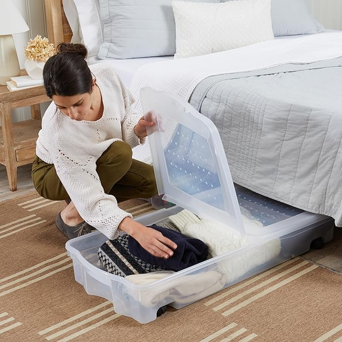 Rubbermaid 70 Quart Under the Bed Low Profile Storage Boxes with Dual Hinged Lids and Easy Rolling Caster Wheels, Clear, 2 Pa