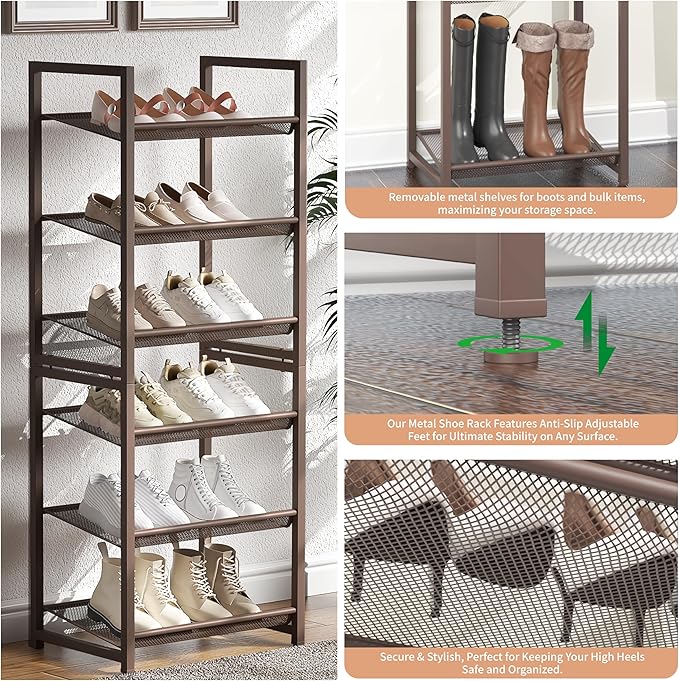 6 Tier Shoe Rack, Stackable Shoe Storage with Mesh Shelves, Holds 12-15 Pairs, Metal Shoe Organizer for Entryway Closet Garag