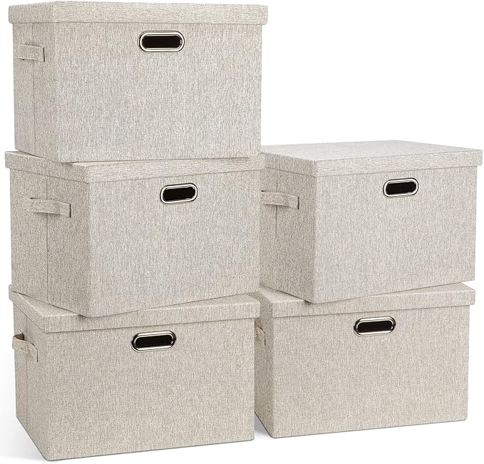 Graciadeco Large 17" 36 Quart Collapsible Stackable Storage Bins with Lids, 5 Packs Beige Linen Fabric Closet Boxes with Lids