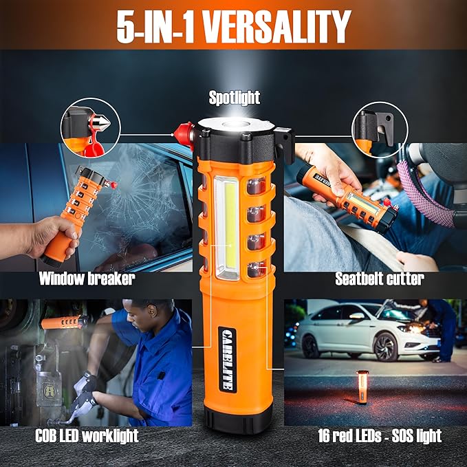 Emergency Car Flashlight with Seatbelt Cutter and Window Breaker, LED Work Light & Flash Beacon, Life-Saving Car Escape Tool 