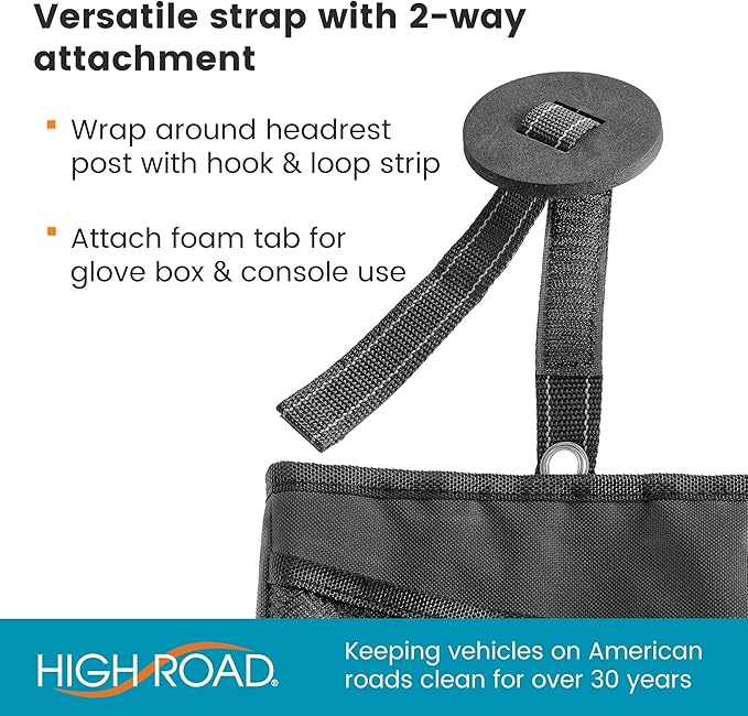 High Road TrimTrash Hanging Car Garbage Bag - Slim and Leakproof Car Trash Bag with Magnetic Closure and Storage Pocket - Attaches to Seat, Glovebox or Console