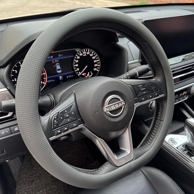 PINCTROT D Shaped Nappa Leather Steering Wheel Cover, Slim Fit No Bulk Design, One Piece Leather with Breathable Perforation,