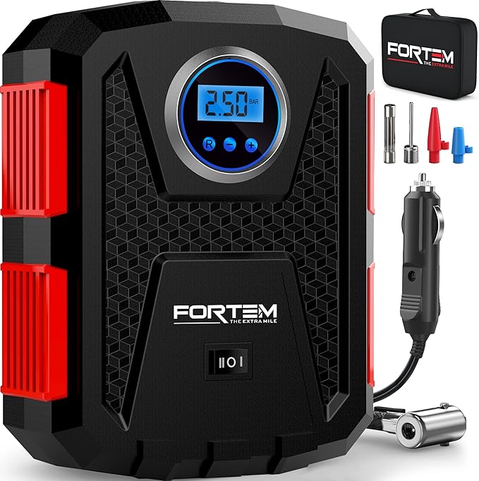 FORTEM Tire Inflator Portable Air Compressor, Air Pump for Car Tires and Bikes, Car Tire Pump w/Auto Shut Off, 150 PSI, 12V DC, LED Light, Carrying Case, for Men, Women