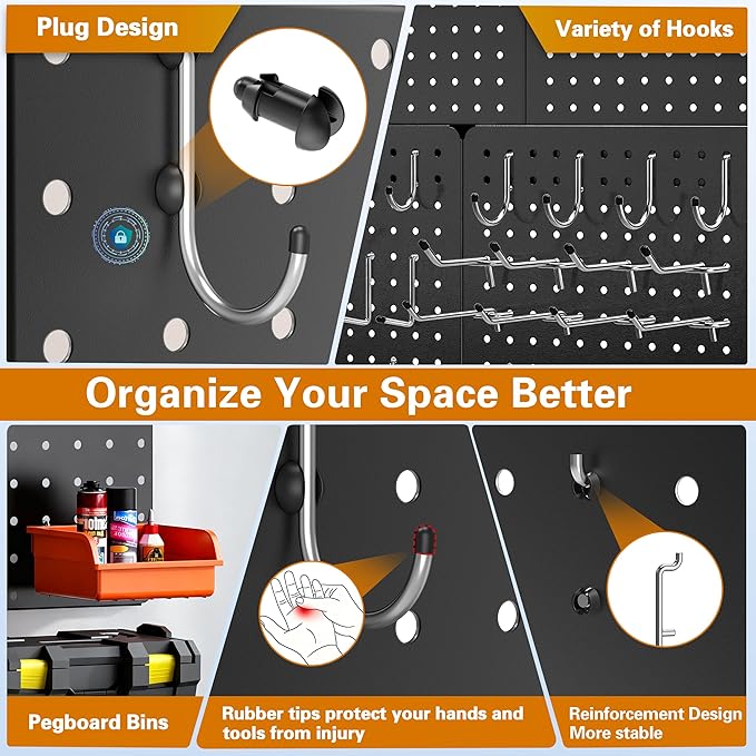 Peg Board, 70PCS Heavy Duty Metal Pegboard with Hooks, 6 Pack Black Peg Board Panels, 50lbs Load Capacity Each, Pegboard Wall