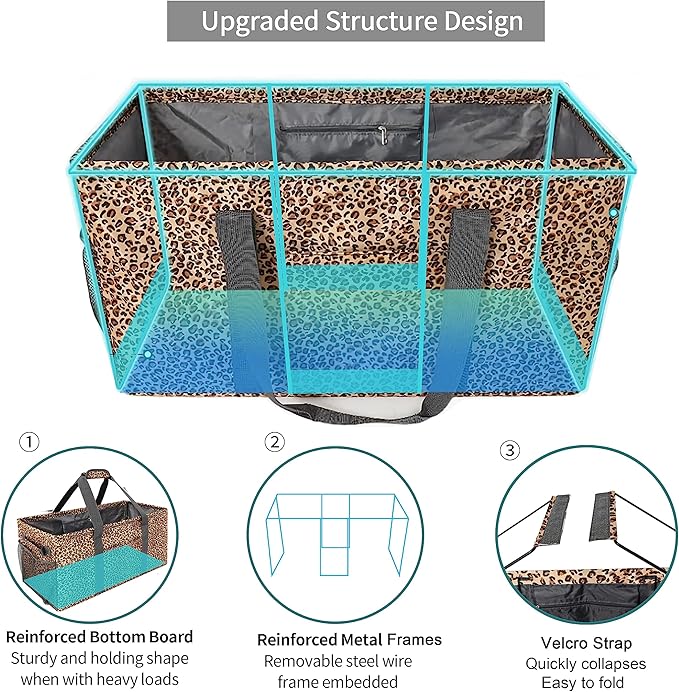 Joyfol Day Extra Large Utility Tote Bag, Reusable Grocery Bags Foldable,Upgraded Metal Frame, With Sturdy Handles Reinforced Bottom Heavy Duty Oxford Fabric Moving Shopping Bags, Leopard Brown
