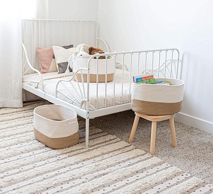 OrganiHaus Rope Baskets for Shelves - Set of 3 Woven Storage Baskets for Organizing, Closet & Toy Storage - Honey/Off-White -