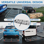 TUFFIOM Folding 500lbs Steel Hitch Mount Basket Cargo Carrier, 60"x20"x6" Trailer Hitch Cargo Carrier Luggage Rack w/Net, Waterproof Cargo Bag, 4 Straps & Stabilizer for SUV Car Truck Van