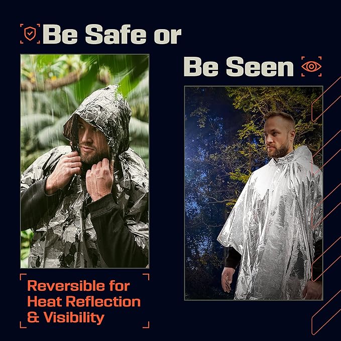 PREPARED4X Emergency Mylar Poncho – Survival Rain Poncho with Hood – Lightweight, Compact, Reusable Emergency Blanket Poncho 