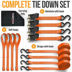 FORTEM Ratchet Straps, Tie Down Strap Set 1650lb Break Strength, 4 Pack 15ft x 1in, 4 Soft Loops, Moving Straps Tie Downs, Cargo Cam Buckles for Trucks, Carry Bag, for Men