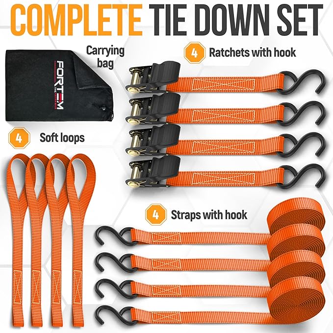 FORTEM Ratchet Straps, Tie Down Strap Set 1650lb Break Strength, 4 Pack 15ft x 1in, 4 Soft Loops, Moving Straps Tie Downs, Cargo Cam Buckles for Trucks, Carry Bag, for Men