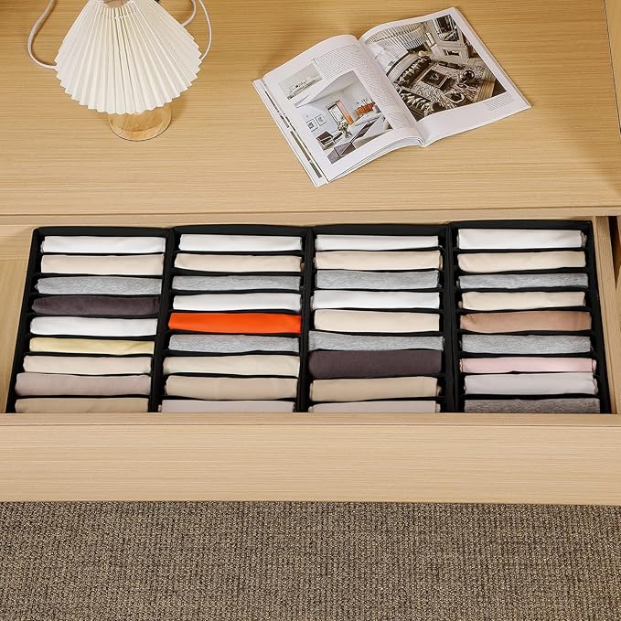 4 Packs T-shirt Drawer Organizers for Clothing,10 Grids Compartment Wardrobe Storage Box, Washable Clothes Organizer for Fold
