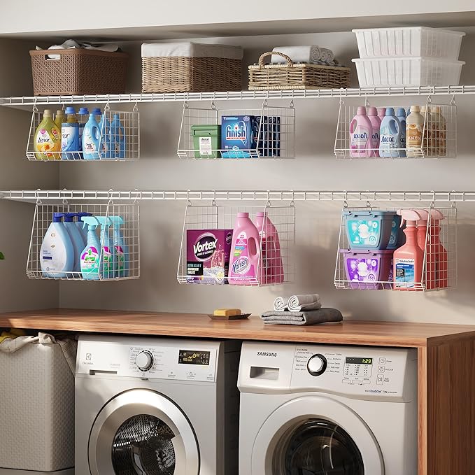 Sonyabecca 5-Tier Hanging Laundry Basket Organizer: Foldable Wire Shelf Basket with 4 Large Hooks 1.65" & 360°Rotating Hooks 
