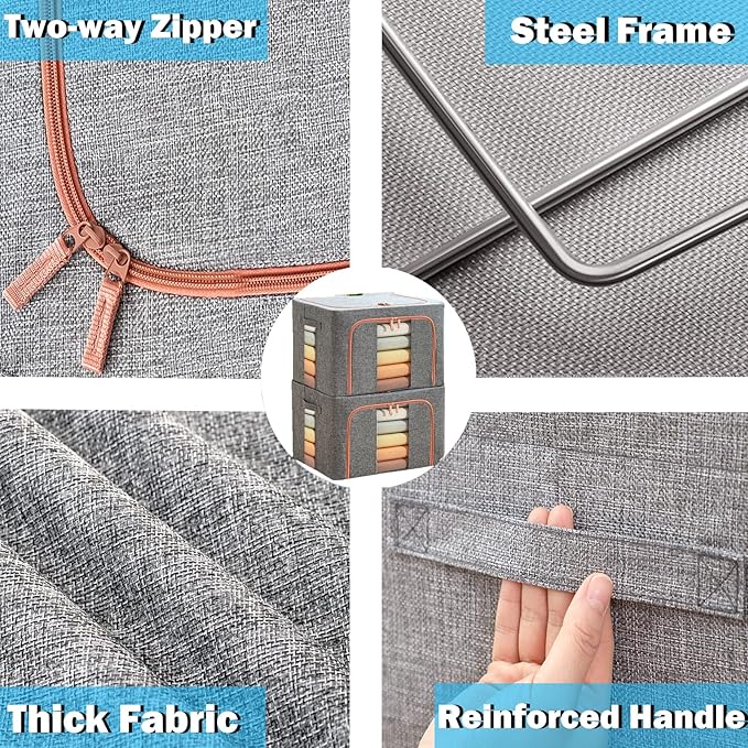 Large Storage Bags,Stackable Clothes Storage Bins with Hold Shape Metal Frame,Foldable Closet Organizer Containers with Zippe