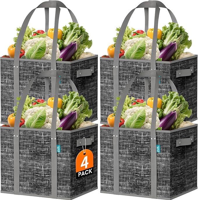 Fab totes Reusable Grocery Bags, Large Foldable Shopping Tote Bags with Reinforced Handles & Hard Bottom,4 Pack,Black