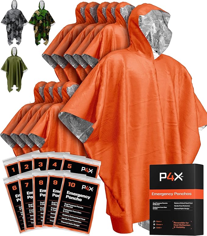 PREPARED4X Emergency Mylar Poncho – Survival Rain Poncho with Hood – Lightweight, Compact, Reusable Emergency Blanket Poncho 