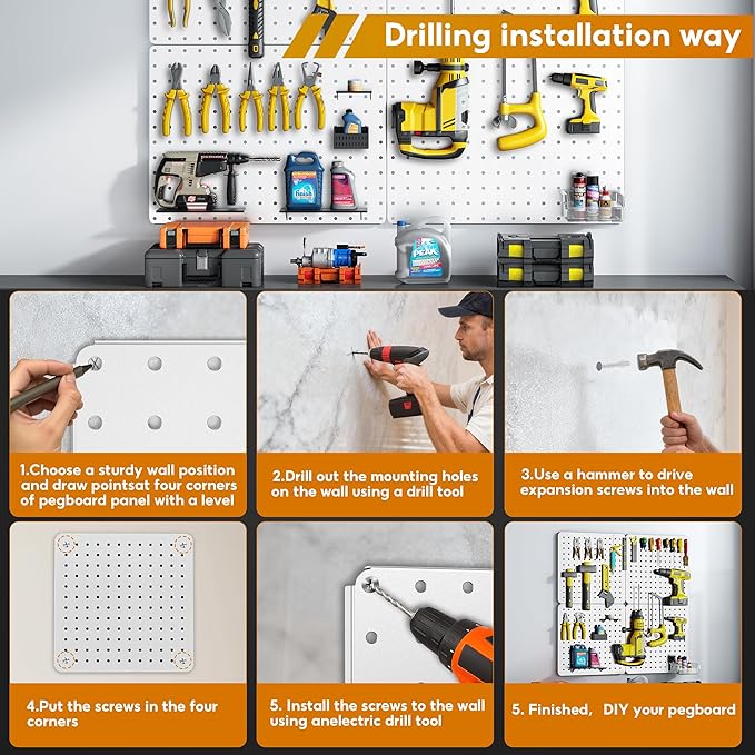 Peg Board, 68PCS Heavy Duty Metal Pegboard with Hooks, 4 Pack White Peg Board Panels, 50lbs Load Capacity Each, Pegboard Wall
