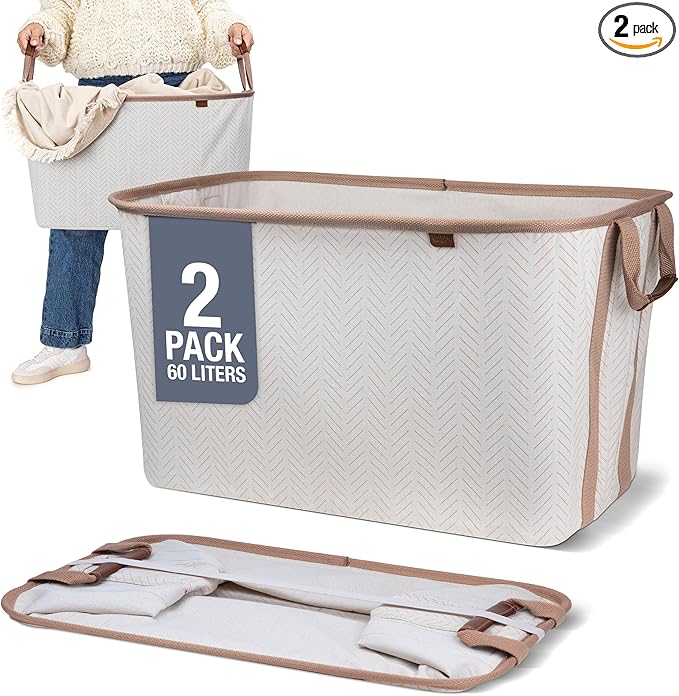 CleverMade Collapsible Laundry Basket LUXE 2 Pack – 60 L (16 Gal) Foldable Cotton Blend Clothes Hamper with Vegan Leather Acc