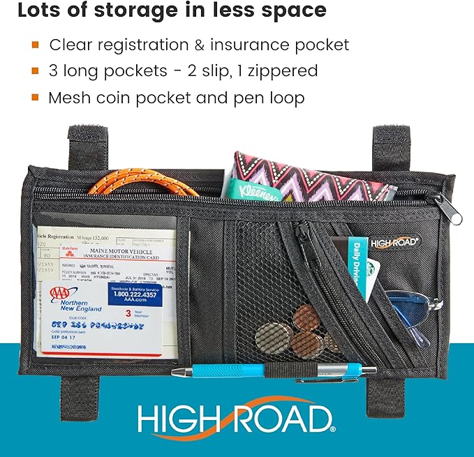 High Road Car Visor Organizer with Secure Zip Pockets, Sunglasses Holder and Clear Registration and Insurance Pocket - Heavy Duty Straps Fit Most Car, SUV and Truck Visors