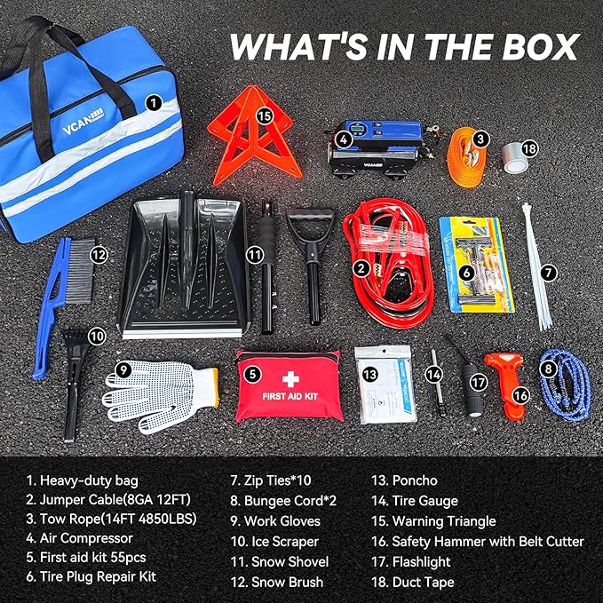 Car Emergency Safety Kit Bag with Digital Air Compressor,Jumper Cables,First Aid Kit, Winter Vehicle Roadside Safety Kit with