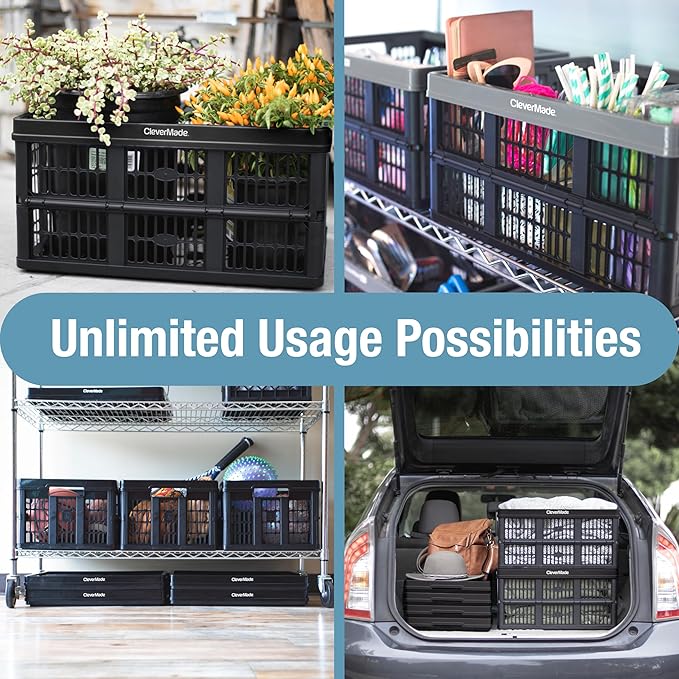 CleverMade Collapsible Utility Crates 45L (3 Pack) – Foldable Plastic Crates with Heavy Duty 66 lb Capacity, Collapsible Crat