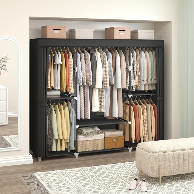 MOGELAFOO 64.5" Closet Wardrobe, Portable Closet for Bedroom, Freestanding Clothes Rack with Non-Woven Fabric Cover, 5 Hangin