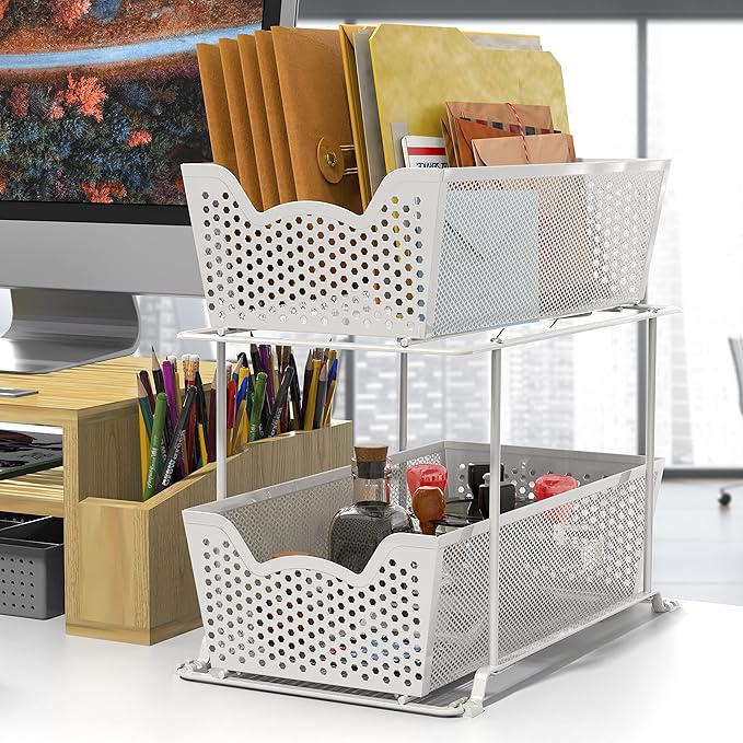 Simple Houseware Cabinet 2 Tier Perforated Basket Drawer, White - 2 Pack