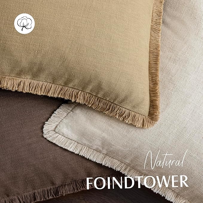 Foindtower Set of 2 Decorative Linen Fringe Lumbar Throw Pillow Covers Farmhouse Cushion Cover with Tassels Accent Pillowcase