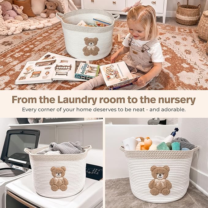 Teddy Bear Storage Basket for Nursery – Large 15"x11" Cotton Rope Bin with Soft Embroidered Bear Patch – Gender Neutral Toy O