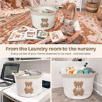 Teddy Bear Storage Basket for Nursery – Large 15"x11" Cotton Rope Bin with Soft Embroidered Bear Patch – Gender Neutral Toy O