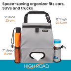 High Road Car Organizer with Car Trash Bin and Tissue Holder - Holds Full Size Tissue Box, Bottles and Wipe Containers - 2 Gal Leakproof Covered Trash Can with Push-Close Lid