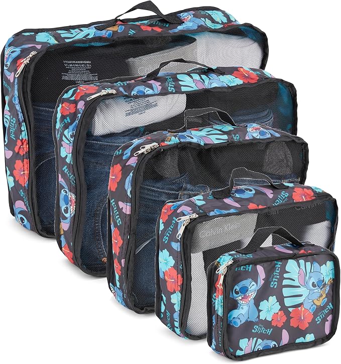 Disney Minnie Mickey Stitch Packing Cubes - Winnie the Pooh, Princess Cinderella, Cars, Toy Story 5 Piece Packing Cubes Compr