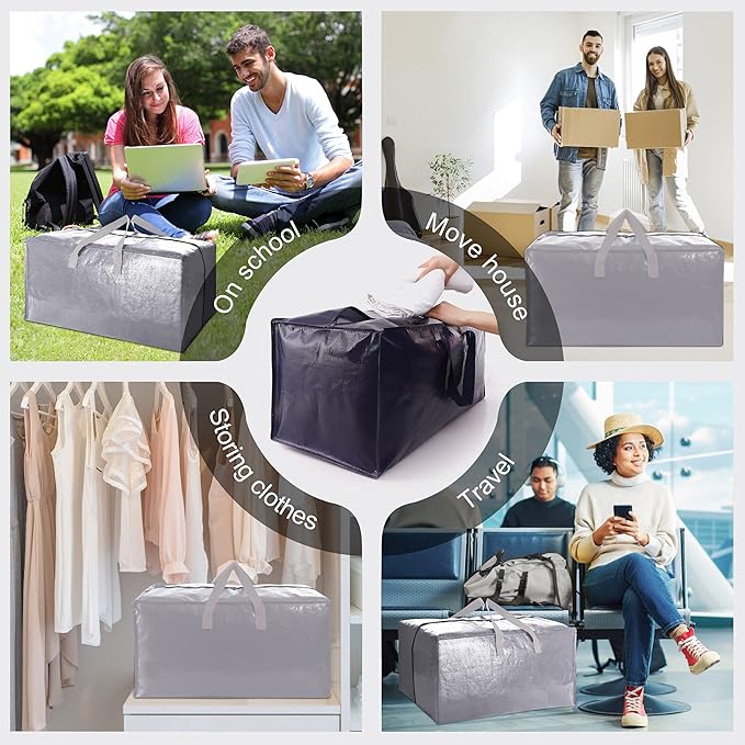 VELVETSURE Heavy Duty Extra Large Moving Bags W/Backpack Straps - Strong Handles & Zippers, Storage Totes For Space Saving, F